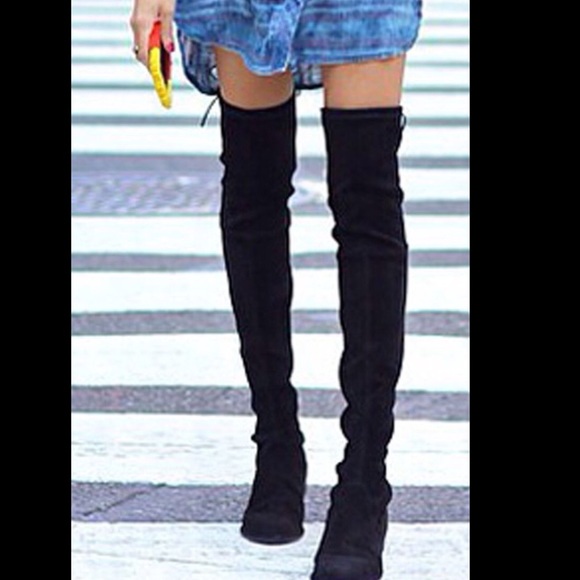 Black Suedette Laced Back Over The Knee Flat Boots