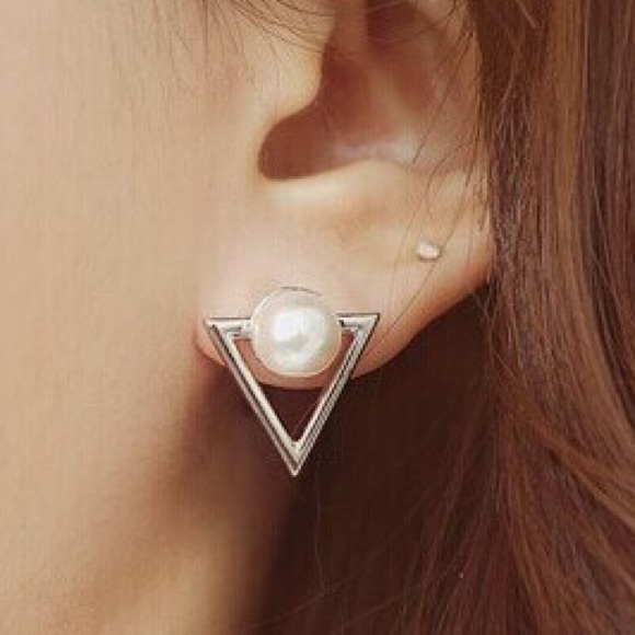 Jewelry - Rose Gold + Pearl Triangle Stud Earings