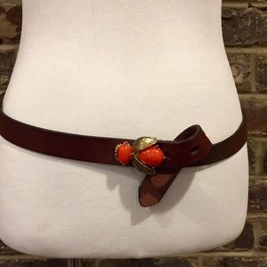J Crew Brown Leather Belt with Coral Beetle Buckle