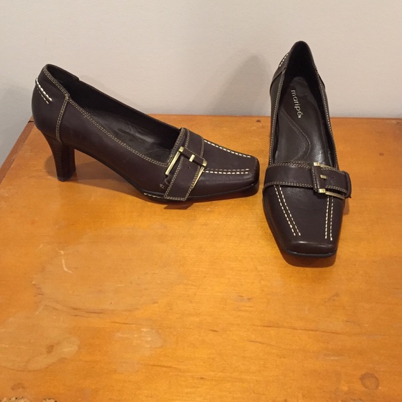 Brown Square Toe Gold Buckle Heels