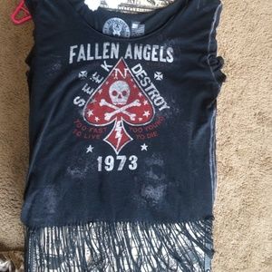 Affliction off the shoulder fringe crop