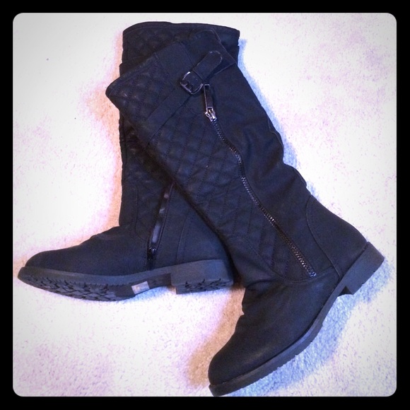 Black faux leather knee high boots