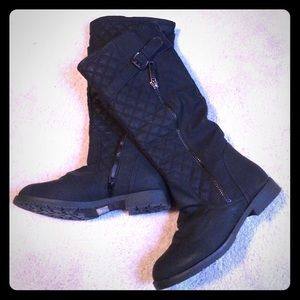 Black faux leather knee high boots