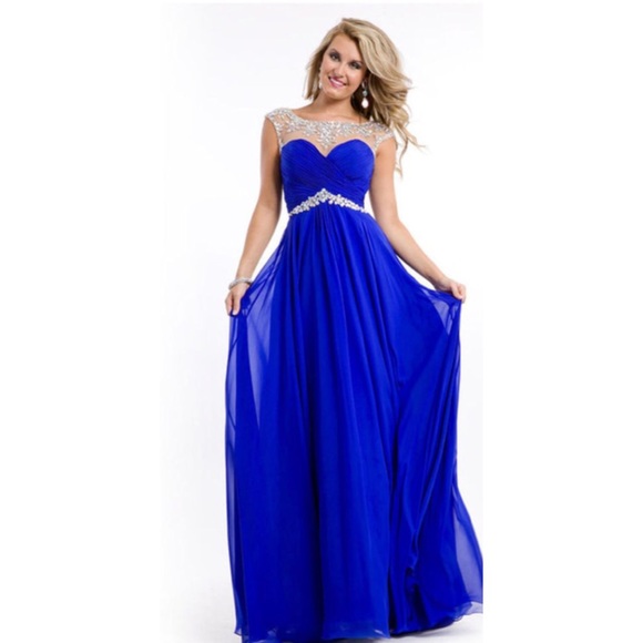 Long beaded blue prom dress