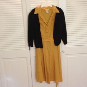 Mustard colored dress and black sweater