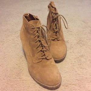 Tan suede leather bootie wedges