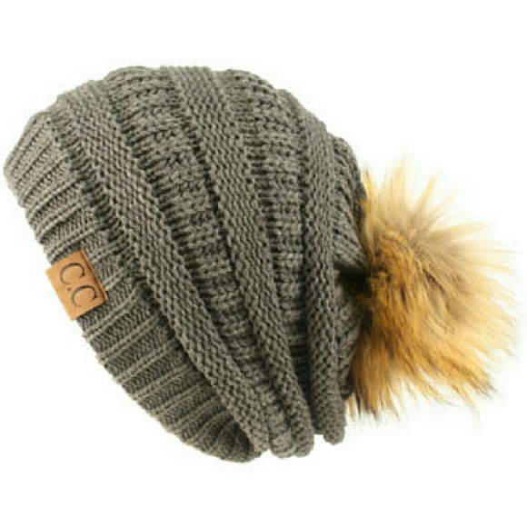 Accessories - NWT Chunky Slouch Fur Knit Beanie Hat Gray