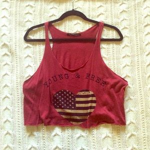 Deep red, "YOUNG & FREE" crop top.