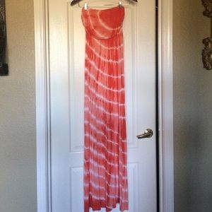 Orange/White tie-dyed, strapless, maxi dress