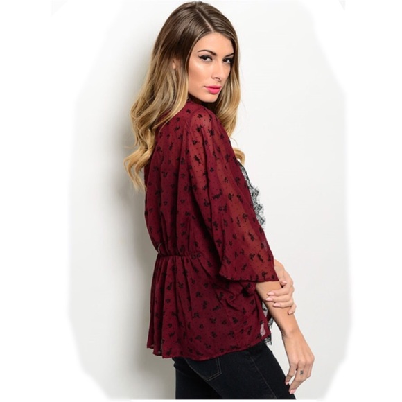 New💥! SCARLET burgundy & black sheer kimono - Picture 2 of 6