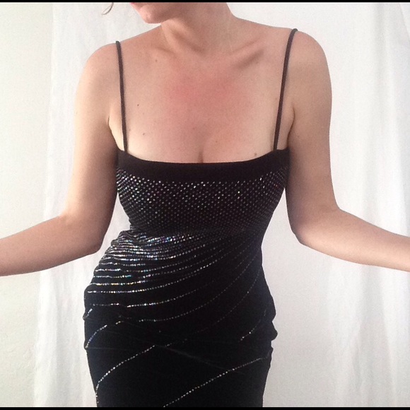 Vintage Black Velvet Slit Glitter Dress W/ Slit