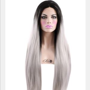 24" powder d room wig. Black roots to silver.