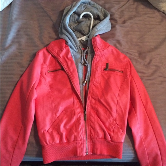 Coral leather jacket with hoodie