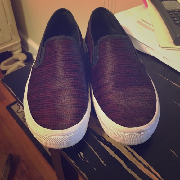 Rebecca Minkoff Slip Ons Burgundy & Black Calf Fur