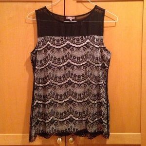 NWOT French brand black lace and ivory top