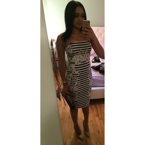 STRAPLESS MIDI STIPED DRESS