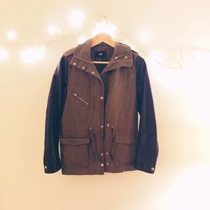 H&M • Cargo Green Jacket w/ Leather Sleeves