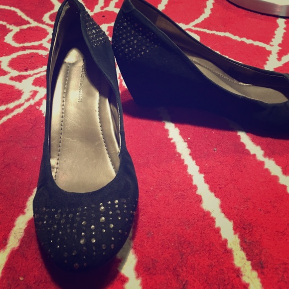 BCBG Black Bejeweled Satin Wedges