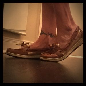 Brown and gold sperry's