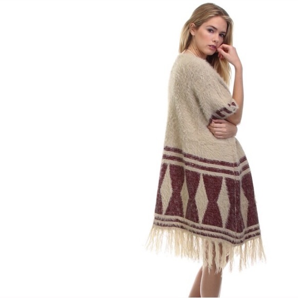 Fringe Cardigan Sweater Fuzzy Boho Festival Tribal - Picture 2 of 4