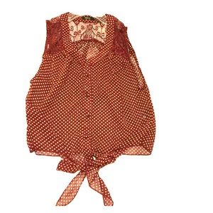 Sheer Maroon Polka Dot/Lace Tie Blouse