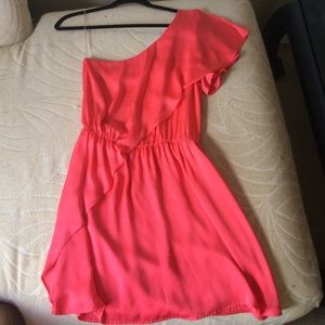 Bright coral, one shoulder dress