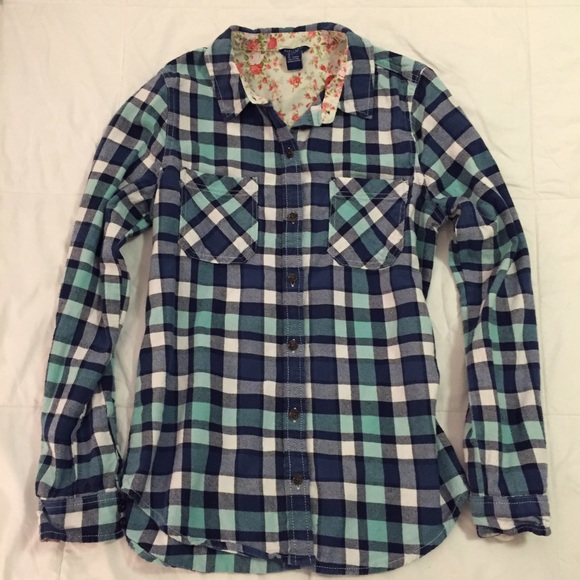Forever 21 Navy Blue Green Flannel Plaid Top S