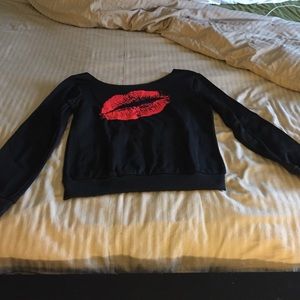 Off-the-shoulder sweatshirt with red kiss lips