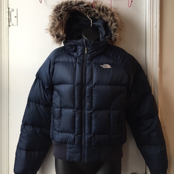 Blue North face down coat with faux fur hood
