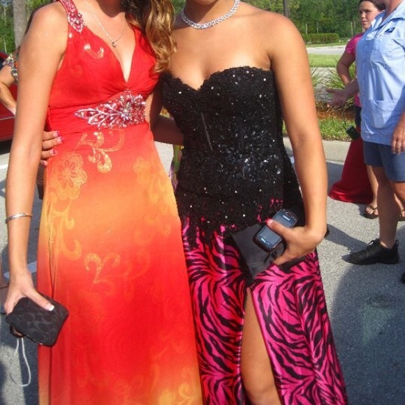 Strapless hot pink and black formal dress