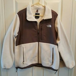 North face denali, white and light grey fleece.