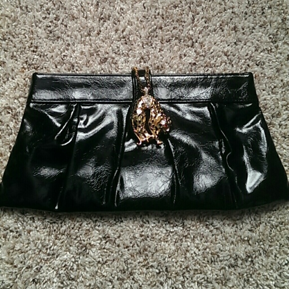 Kenneth Jay Lane black faux patent leather clutch