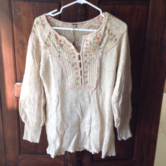 Free People Embroidered Cream Sweater