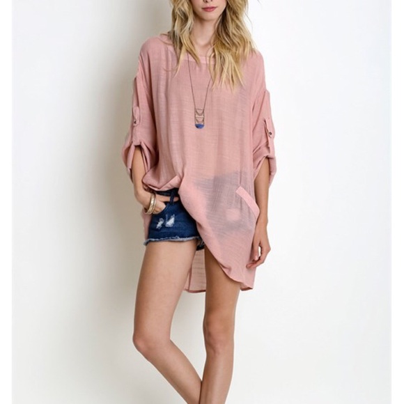 "Wild Roses" Linen Tabbed Sleeve Tunic Top - Picture 3 of 4