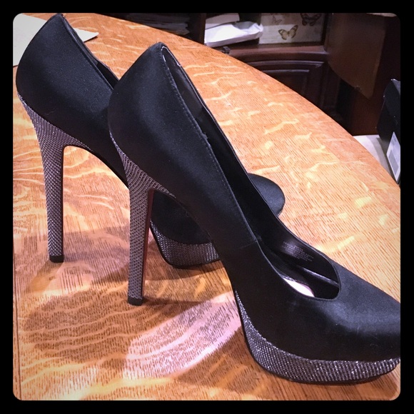 Black satin-y black sparkly high heels