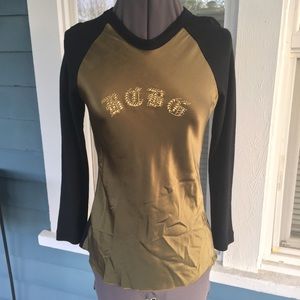 BCBGMaxAzria Olive Green Satin Studded Top