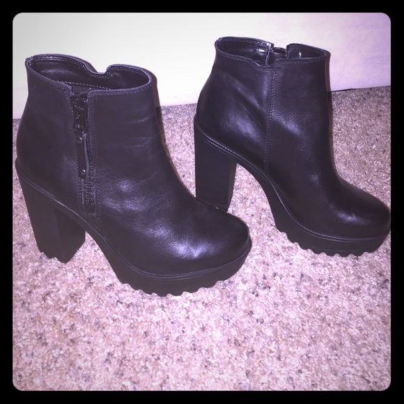 Chunky black leather moto booties by Steve Madden