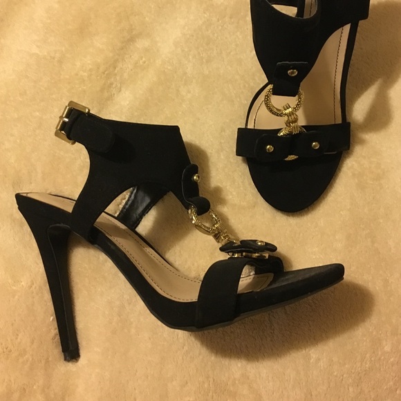 NEVER WORN gold and black sandal heels - Picture 1 of 4