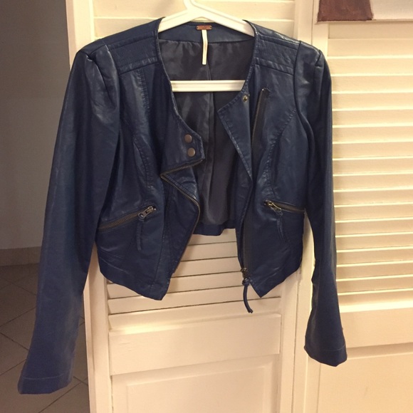 midnight blue crop faux leather jacket