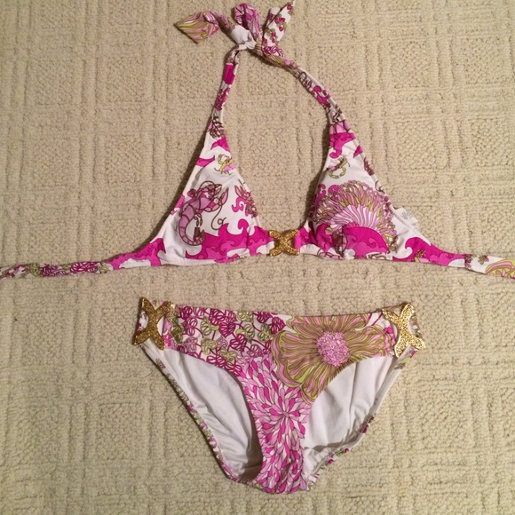 Pink and green Trina Turk Bikini with gold accents