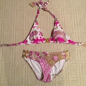 Pink and green Trina Turk Bikini with gold accents