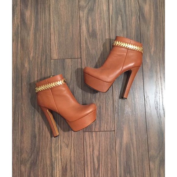 H by Halston Shoes - • Tan Booties With Gold Accent •