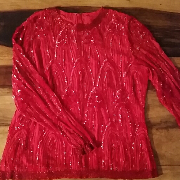 none Tops - Bright Red Fully Sequined Top
