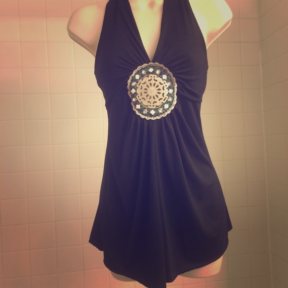 Tops - Sleeveless Black Halter Top-Beaded Detail