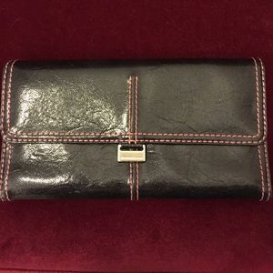 Liz Claiborne Black Leather Wallet Pink Stitching