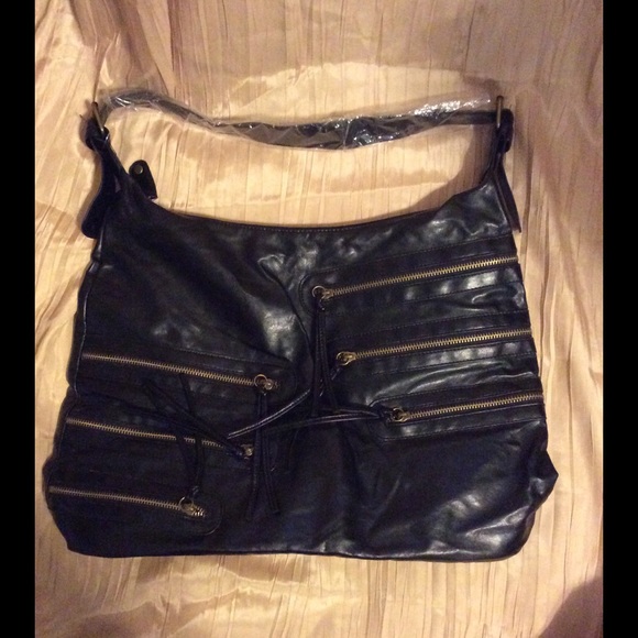 $89 Huge Black Hobo Bag w/ Brass Zippers - NEW