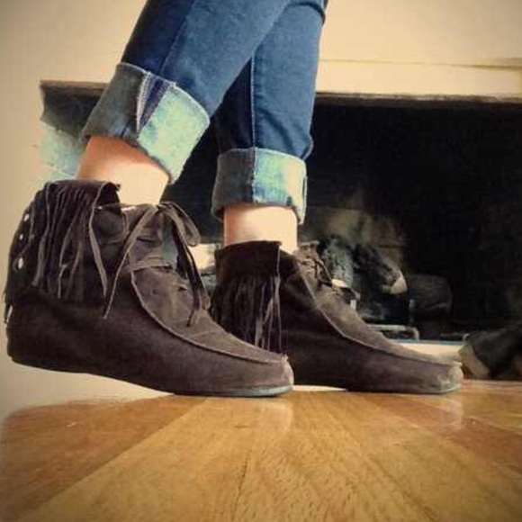 Brown fringe booties