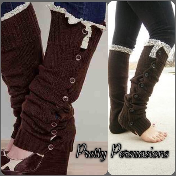 SOLD 🌻 Brown Button Side Lace Trim Leg Warmers - Picture 2 of 2