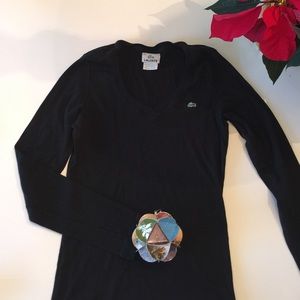 Lacoste black V-neck LS tee, 38, small.