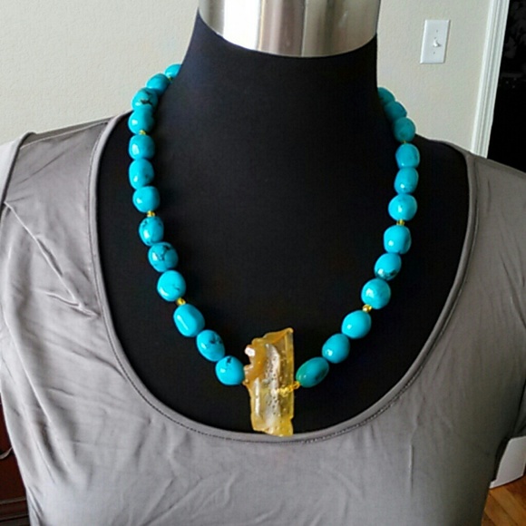 Jewelry - Amber necklace with Turquoise colored stones